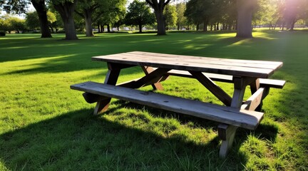 Rustic wooden picnic table in a sunlit park on a grassy lawn