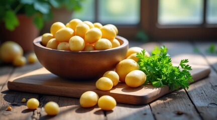 Fresh kumquats overflowing in a wooden bowl on a rustic table