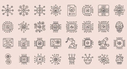 Fototapeta premium Collection of AI Technology Icons in Outline Style