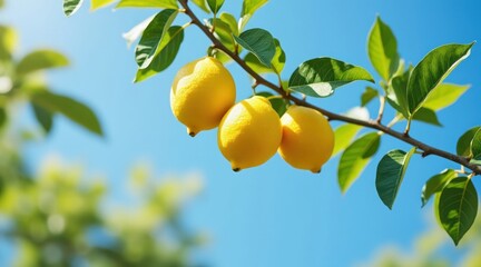 Three ripe lemons hanging from a branch against a bright blue sky