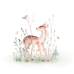 Cute baby deer animal for kindergarten, nursery isolated illustration for children clothing, pattern. Watercolor Hand drawn boho image forest woodland poster baby shower