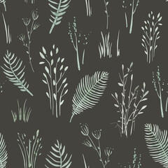 Floral seamless pattern with abstract blue and beige flowers, delicate branches and leaves. Watercolor print isolated on white background for textile or wallpapers.