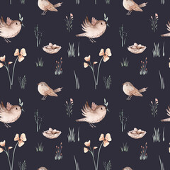 Watercolor Woodland birds seamless pattern. Fabric wallpaper forest with baby bird and nets, Floral flower forest, Nursery background