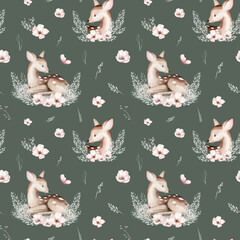 Watercolor Woodland animals seamless pattern. Fabric wallpaper forest with baby deer trees. bird baby animal Nursery backgrouns