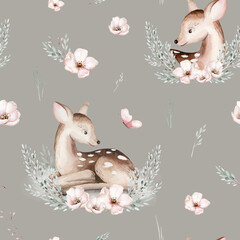 Watercolor Woodland animals seamless pattern. Fabric wallpaper forest with baby deer trees. bird baby animal Nursery backgrouns