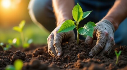 Hands planting a young green sprout in rich soil at sunrise
