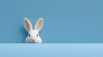 Fototapeta premium White rabbit peeking over a light blue surface Cute bunny against a pastel background