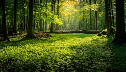 Dense Clover-Covered Forest Floor with Sunlit Patches"