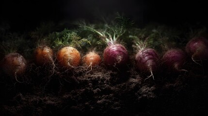 A  detailed cross section of underground root vegetables  long title A close up high  view of various root vegetables growing underground showcasing