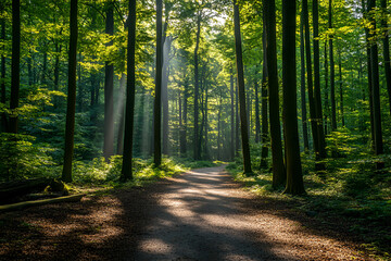 Obraz premium Sunbeams illuminate a tranquil path winding through a lush, green deciduous forest.