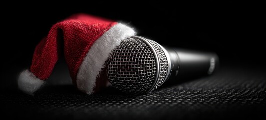 Obraz premium The festive microphone wearing a Santa hat for joyful holiday celebrations.