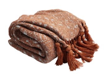 Folded terracotta-colored blanket with patterned design and tassels