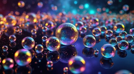 Magical floating bubbles reflecting colorful lights in a dreamy atmosphere