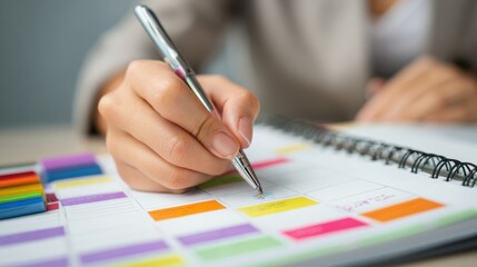 woman's hand writing on calendar event planner to set timetable organize schedule, event planning for business meeting or vacation plan. Organization and business planning concept