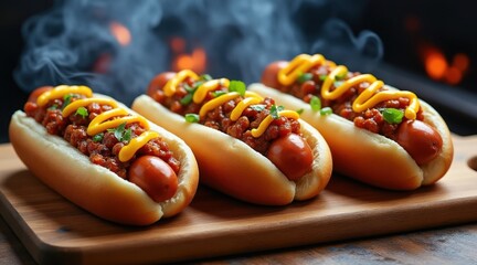 Three delicious chili cheese hot dogs on a wooden board with smoke