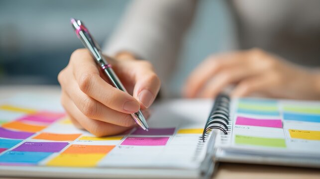 woman's hand writing on calendar event planner to set timetable organize schedule, event planning for business meeting or vacation plan. Organization and business planning concept