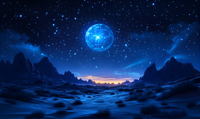 A luminous blue orb hangs in a star-filled sky, illuminating a desolate alien landscape at twilight.