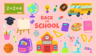 Back to school stickers with a school building, a clock, a backpack, a book, a calculator, a basketball, a football, a bus, and a paintbrush