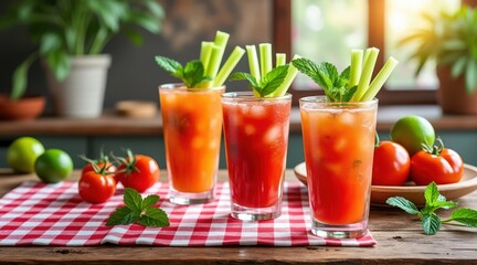 Three tall glasses of refreshing bloody mary cocktails with celery garnish
