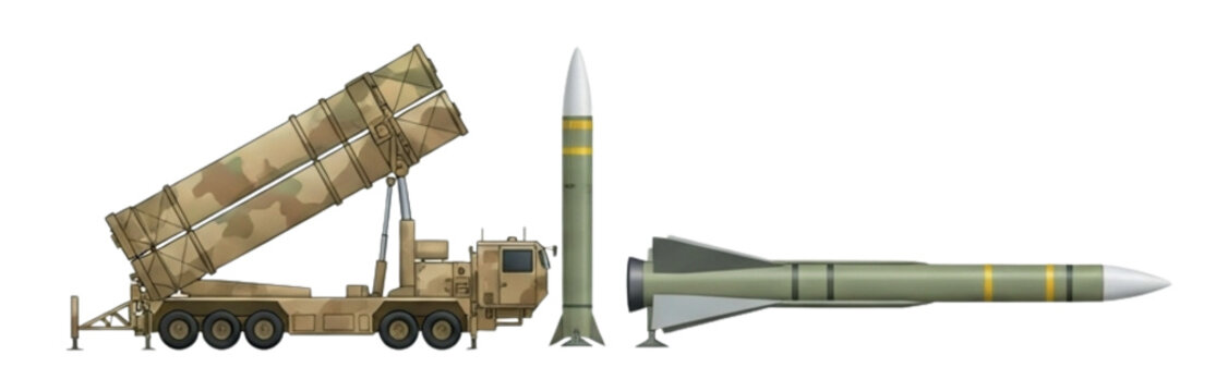 THAAD Missile Launcher Realistic 3D Vector | Desert Camouflage Military Weapon System Illustration

