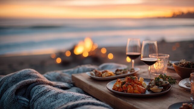 Romantic sunset dinner by the beach coastal location food photography outdoor setting nighttime viewpoint culinary experience for a memorable evening