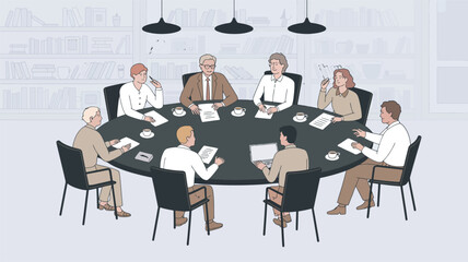 Professional team engaged in office meeting around a round table with laptops, beverages, and bookshelf backdrop in a modern workspace