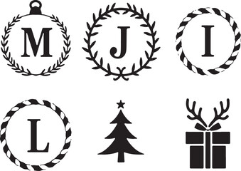 Festive holiday icons featuring monograms, tree, and gift