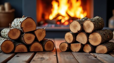Cozy fireplace scene with stacked firewood and warm flames