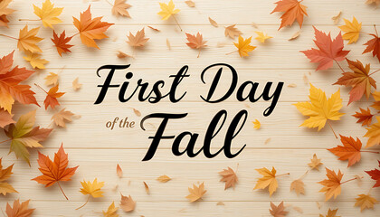 Celebrate the first day of fall with a beautiful arrangement of autumn leaves on a rustic wooden background