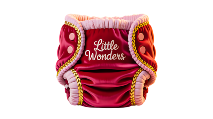 Pink baby diaper with little wonders text and buttons on white background

