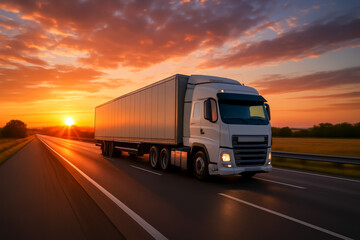 White truck driving on highway during vibrant sunset landscape