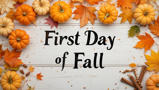 Welcome the first day of fall with a festive display of pumpkins and autumn leaves on a rustic wooden background
