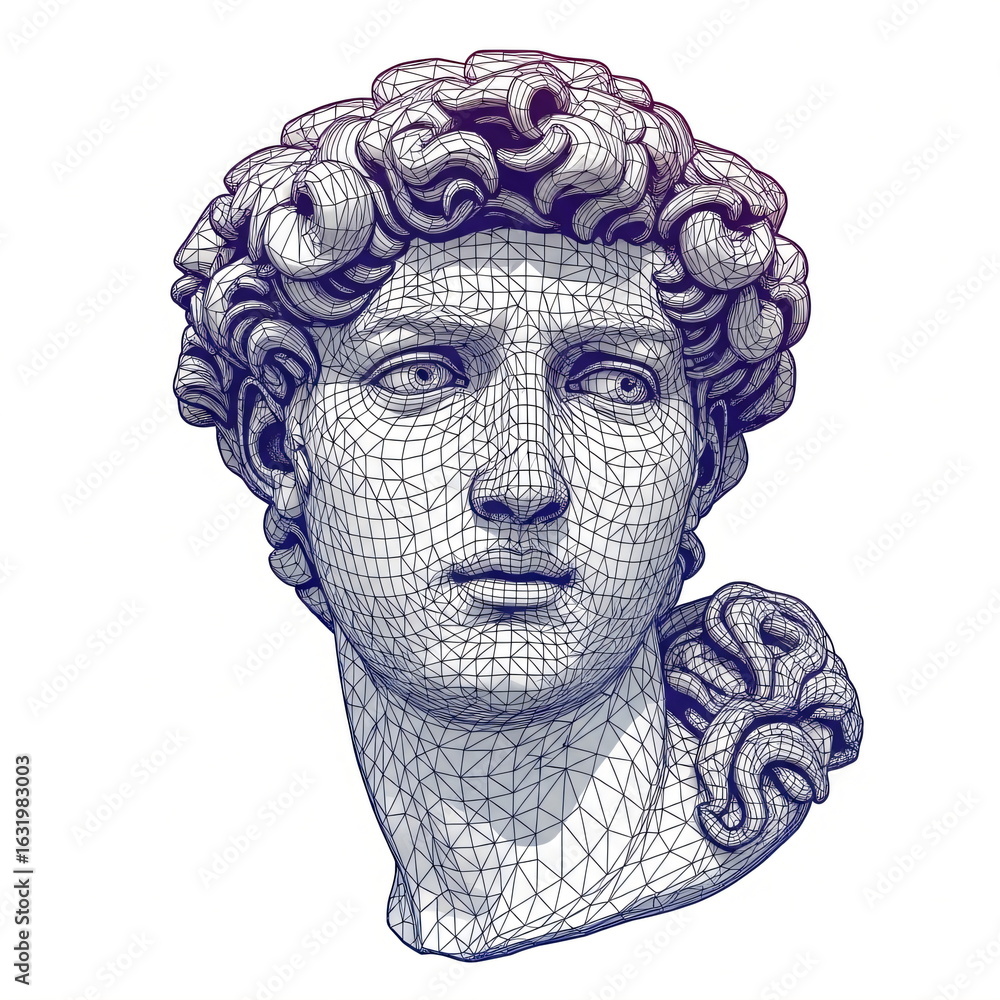 Poster wireframe head of a man ancient sculpture. geometric mesh model of a classical statue. digital art f