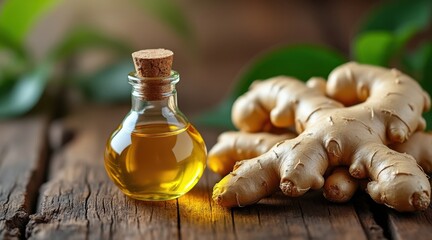 Golden ginger oil in a small glass bottle with fresh ginger roots
