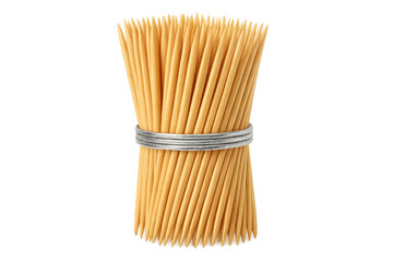 Many wooden toothpicks are tied together with metal wire, isolated on a transparent background, ready for dental hygiene or appetizers