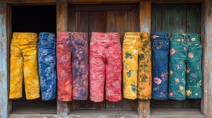 Colorful patterned pants hanging in wooden shop display