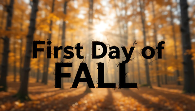 First day of fall autumn forest sunlight rays through trees leaves changing color season begins