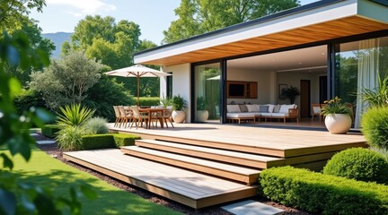 Modern home with spacious deck and lush green backyard oasis
