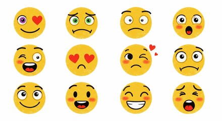 Expressive Emoji Collection: A Variety of Hand-Drawn Yellow Faces Displaying Diverse Emotions on White