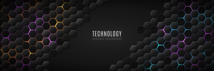 Futuristic black 3d hexagons with multicolored neon highlights. Sleek and modern hi-tech design for technology presentation, digital gaming interfaces or scientific background. Vector illustration.