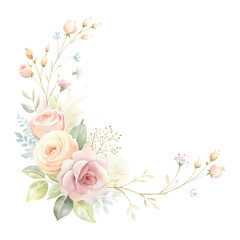 watercolor floral corner with roses and babys breath on transparent background