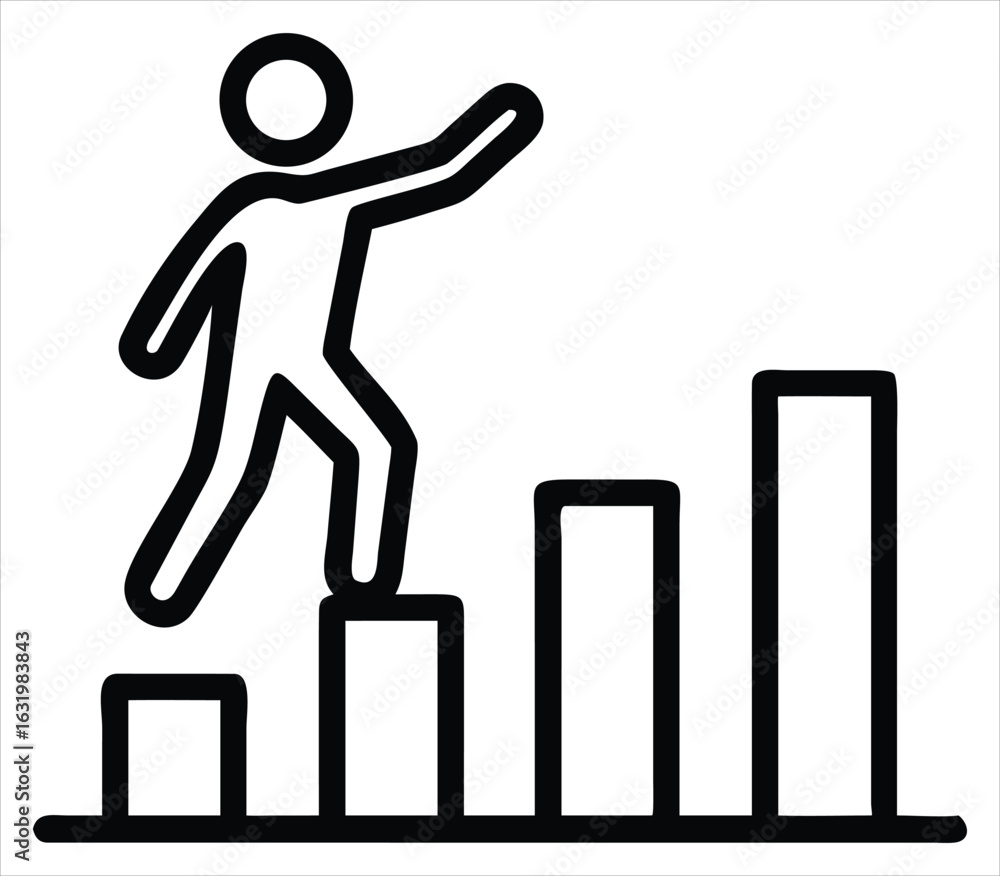 Aufkleber simple line art icon of a person climbing a bar graph representing growth and progress towards succe