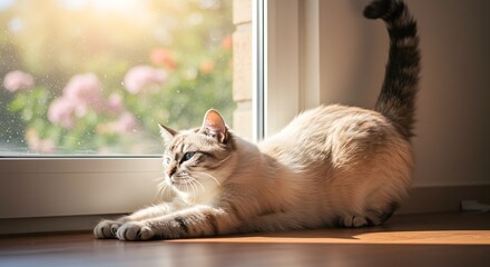 A cat stretching near a window with sunlight streaming in and garden view outside in the background