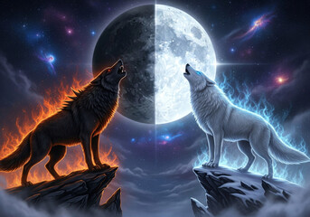 Two Majestic Wolves, One Black and One White, Howling at a Split Moon in a Mystical Forest