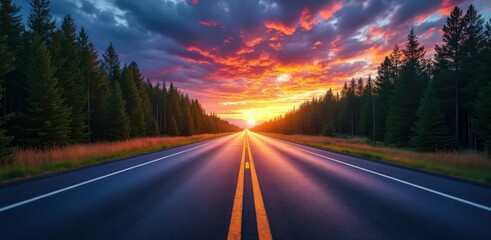Vibrant sunset illuminates a long open road through a dense forest