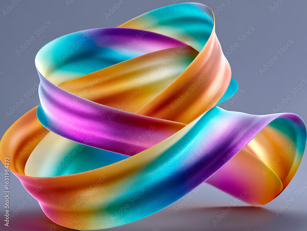 Poster abstract colorful ribbon sculpture with smooth gradient transitions of blue, purple, orange, and yel