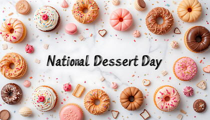A delightful assortment of colorful donuts and sweet treats arranged around the festive national dessert day text celebrating a day of indulgence and sugary delights