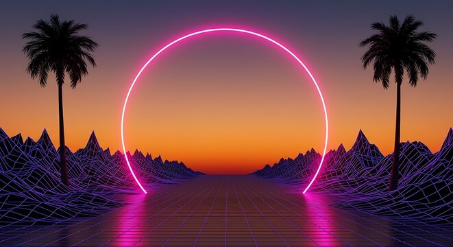 Neon Pink Circle Illuminates a Digital Retrowave Sunset Scene.