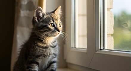 A tabby kitten sitting by a window looking outside with sunlight casting shadows on its fur coat