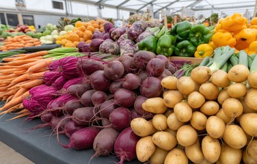 Vibrant display of organic produce at a local farmer's market in a greenhouse setting, showcasing fresh vegetables and roots